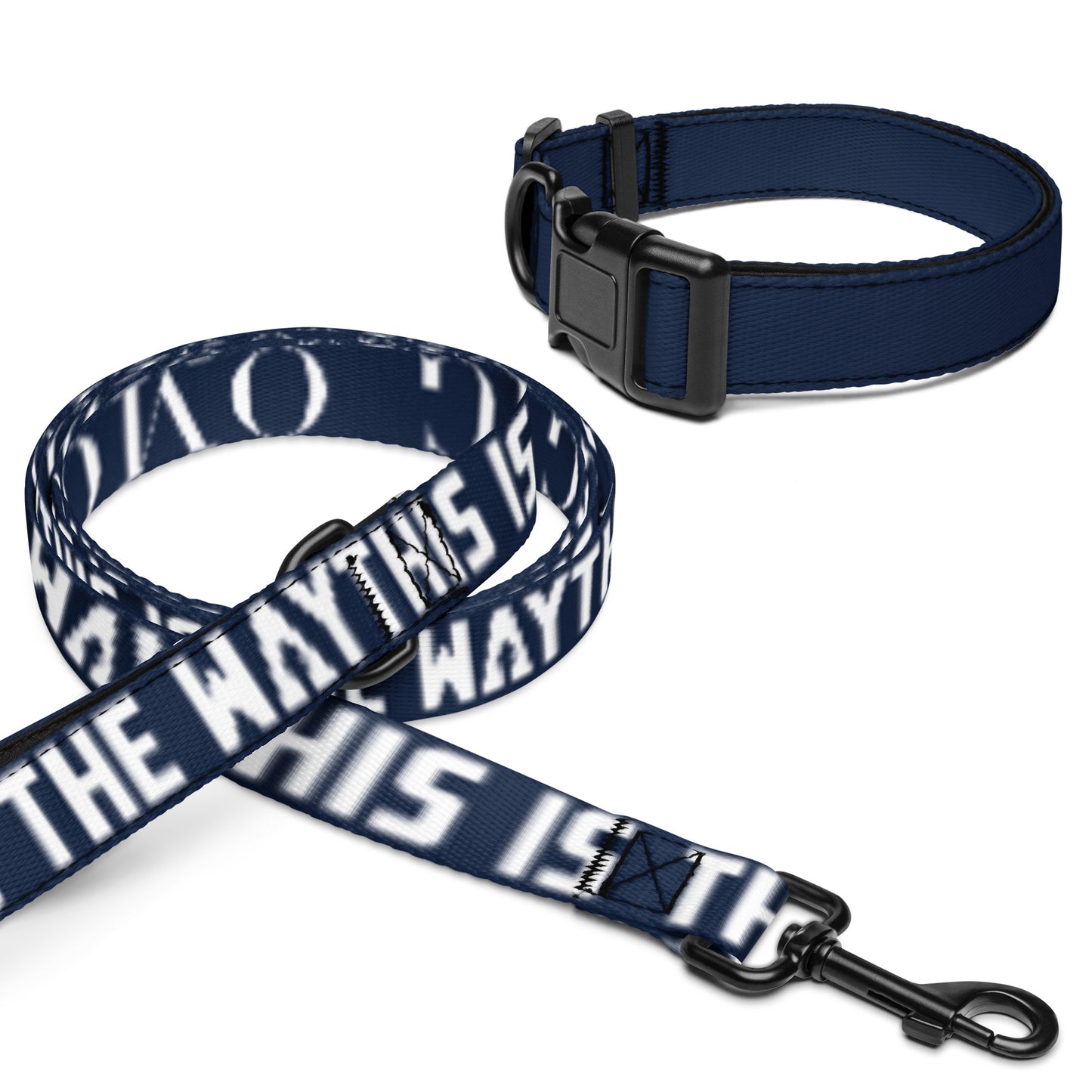Navy blue dog collar and leash with white text on a white background