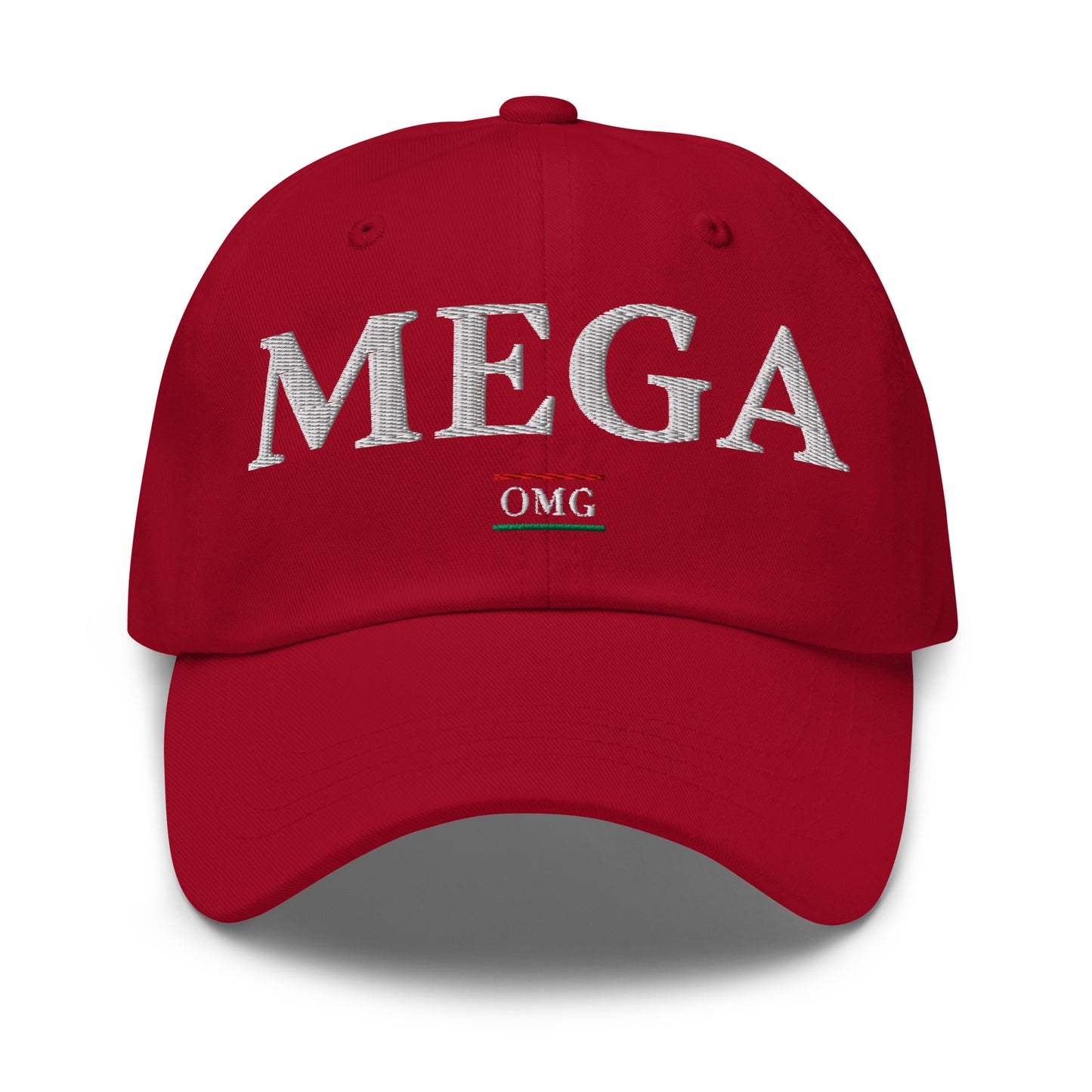 Red cap with 'MEGA' and 'OMG' text on a white background