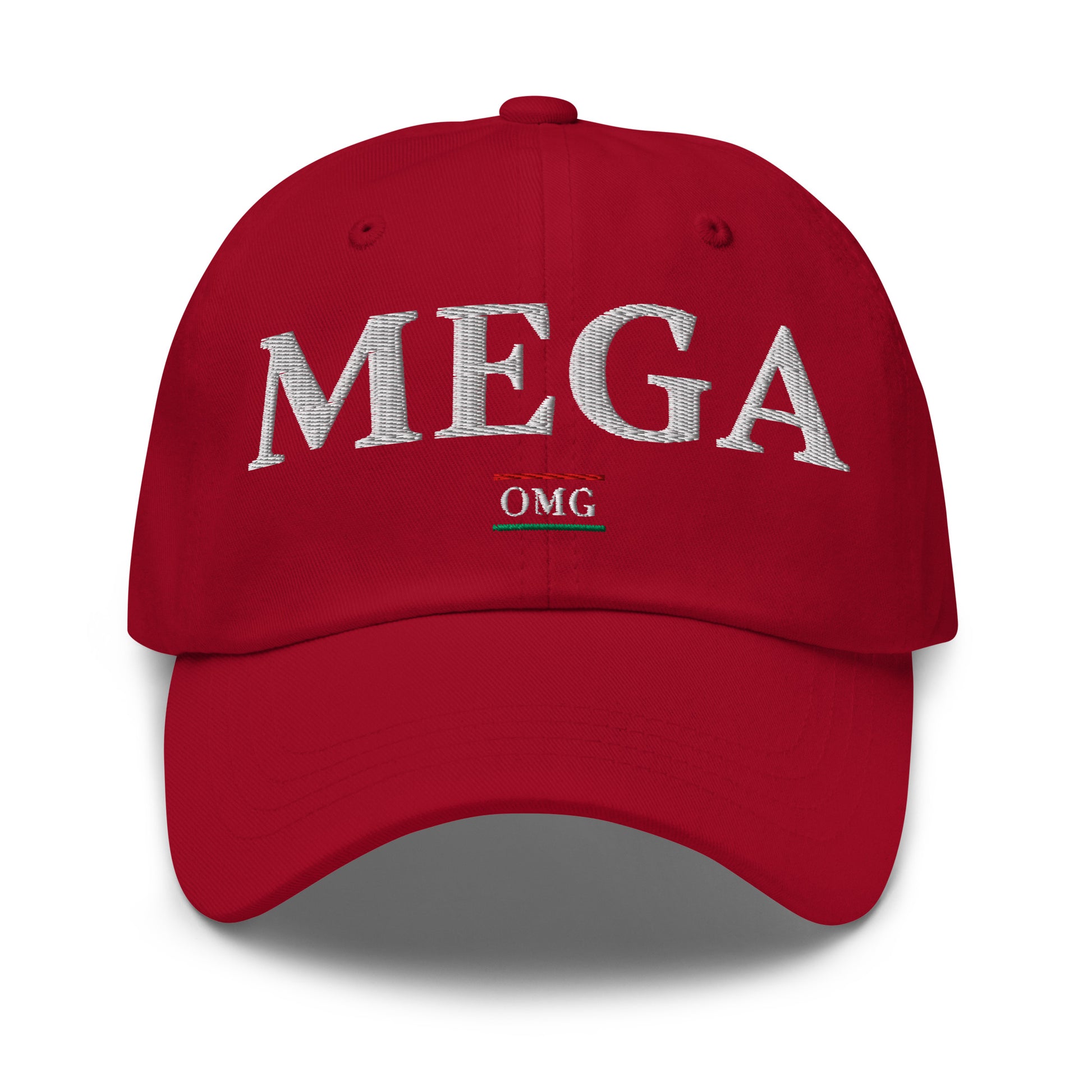 Red cap with 'MEGA' and 'OMG' text on a white background