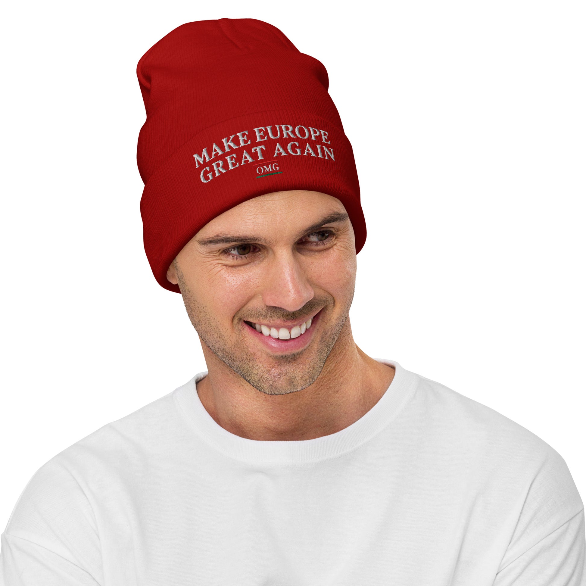 Man wearing a red beanie with 'MAKE EUROPE GREAT AGAIN' text on a white background