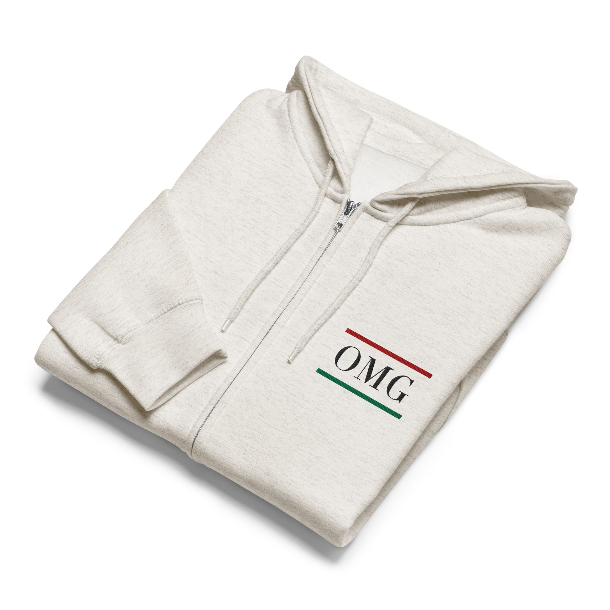 Folded beige hoodie with 'OMG' text on a white background