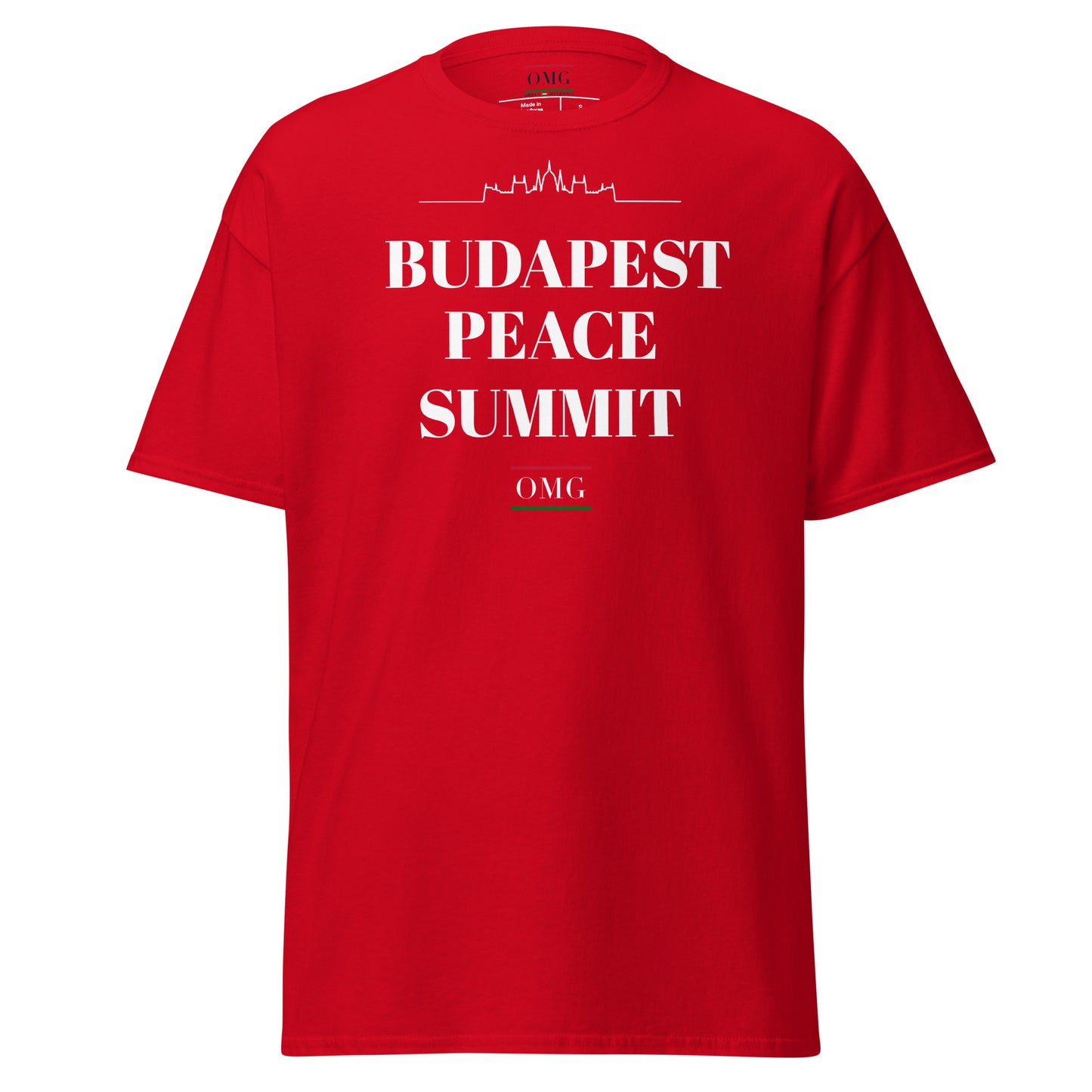 Red t-shirt with 'Budapest Peace Summit' text on a white background