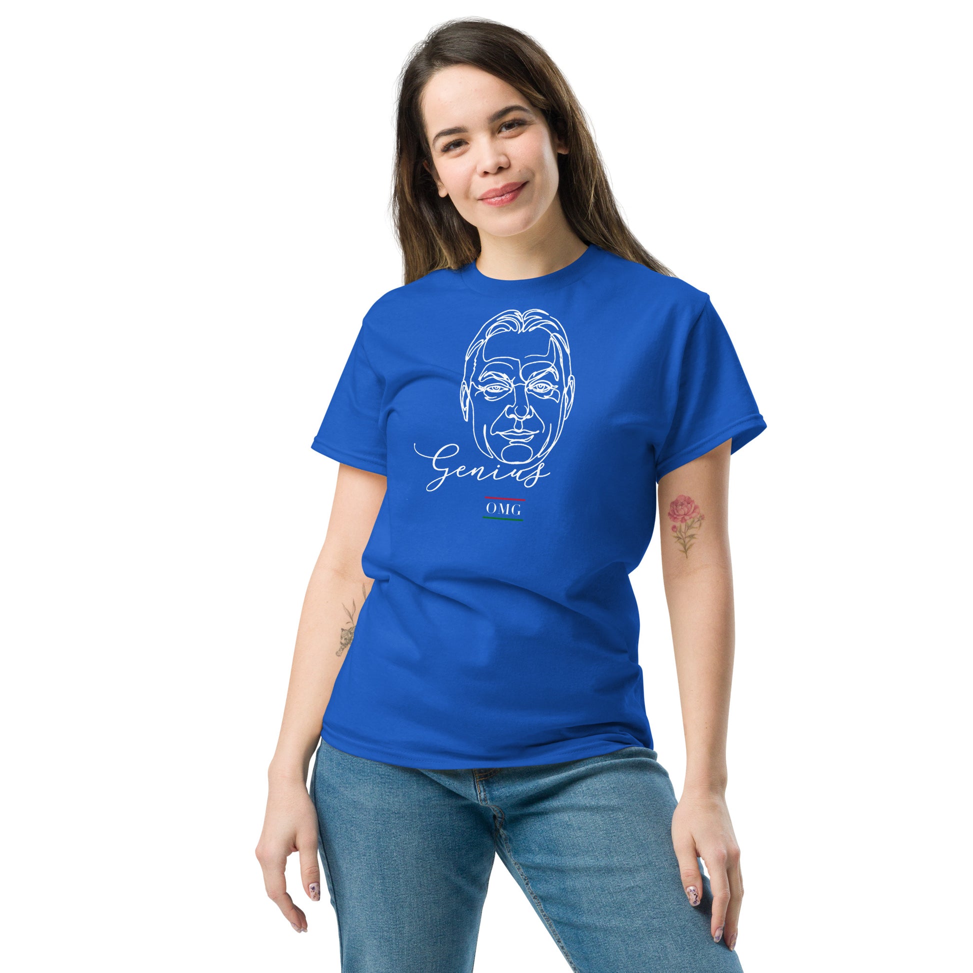 Woman wearing a blue t-shirt with a graphic design on a white background