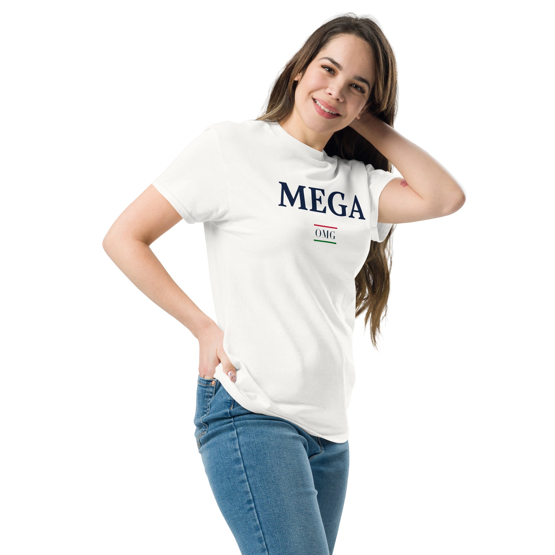 Woman wearing a white t-shirt with 'MEGA' text on a white background